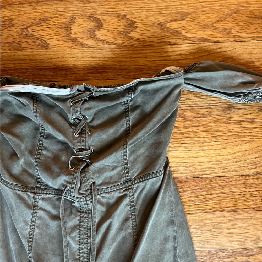 Express khaki green off the shoulder dress, lace up front. XS